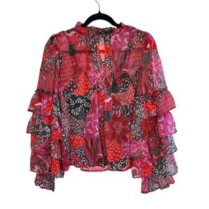 Calligraphe Anthropologie Ruffle Sleeve Blouse M Pink Floral Maximalist Boho